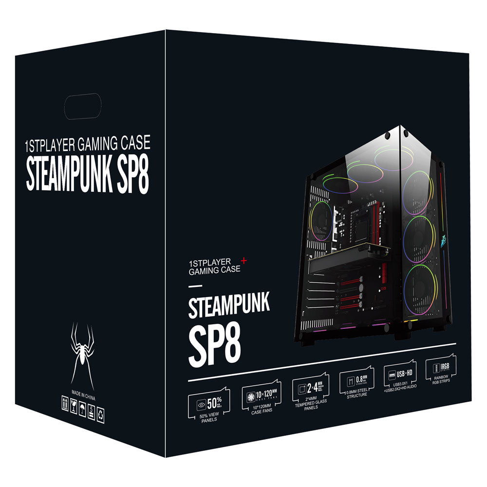 1STPLAYER Steampunk SP8 ATX RGB Tempered Glass Gaming Casing Chassis (Black/White)